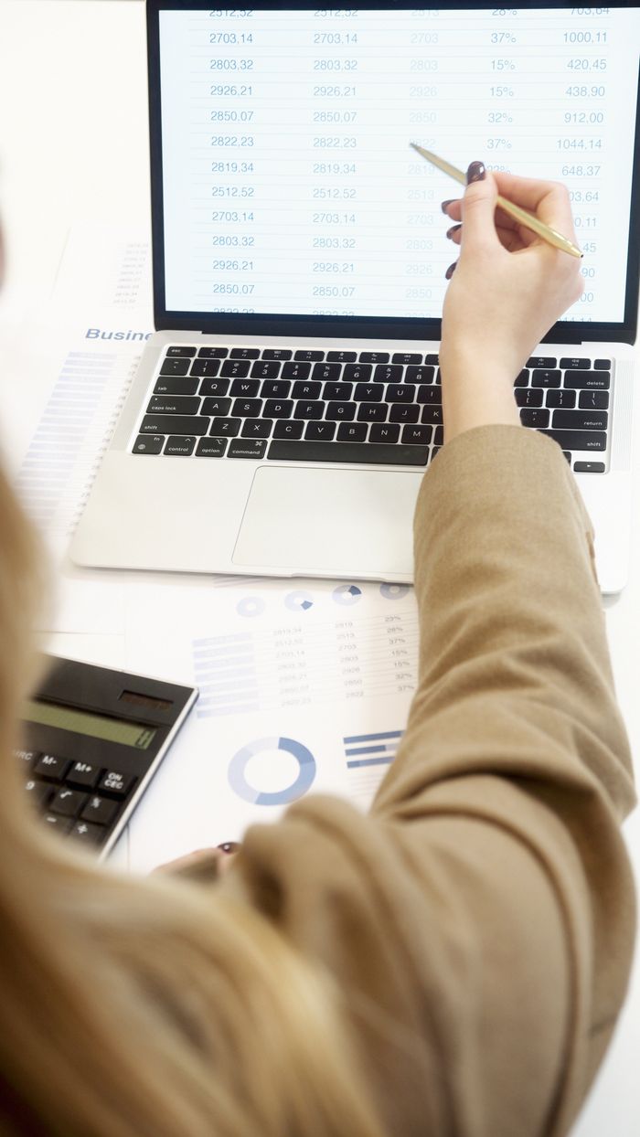 Business professional analyzing financial data on a laptop for strategic decision making.